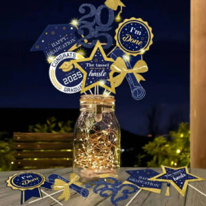 Navy Blue and Gold Graduation Table Centerpieces Sticks with LED String Lights